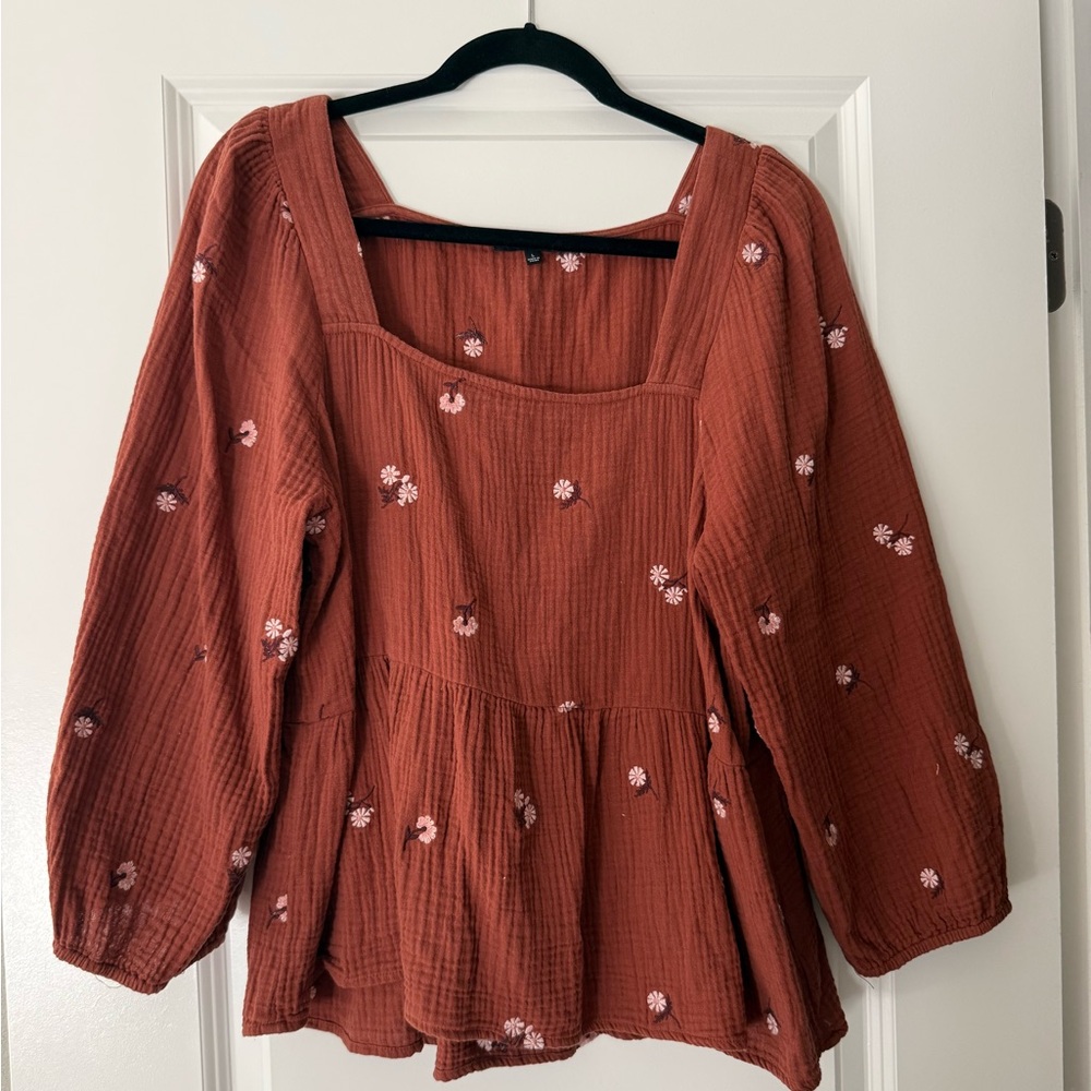 Madewell Rust Floral Square-Neck Peplum Tunic